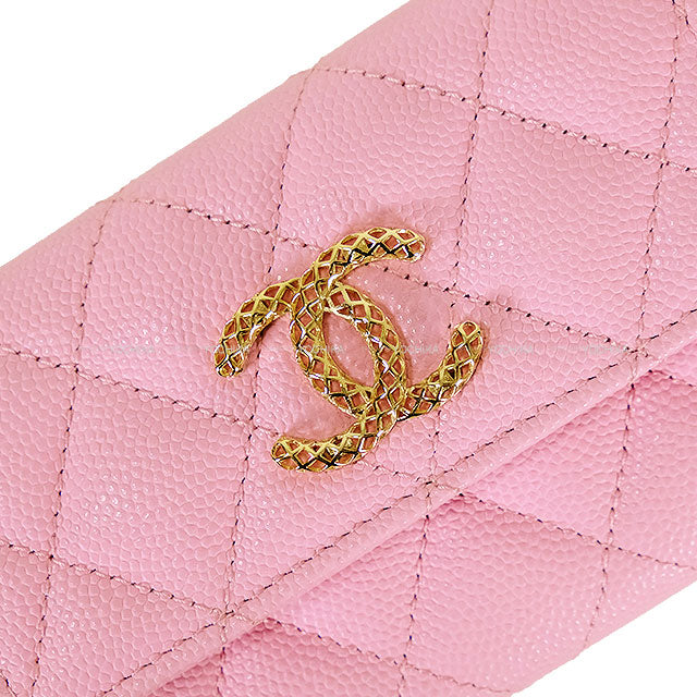 CHANEL card holder Flap Chain COCO Matelasse Bicolor Pink/Green Graind Calf(Caviarskin) Gold HW AP3049[EXCELLENT][Authentic]
