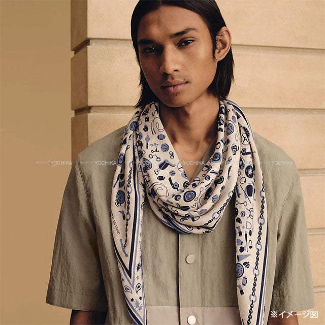 [Pre-loved] HERMES scarf Sport en Vrac Bandana losange naturel / bleu / ciel couvert Cashmere70% / Silk30%[LIKE NEW][Authentic]