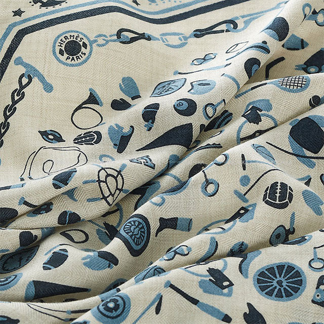 [Pre-loved] HERMES scarf Sport en Vrac Bandana losange naturel / bleu / ciel couvert Cashmere70% / Silk30%[LIKE NEW][Authentic]