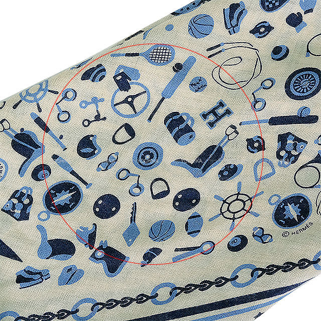 [Pre-loved] HERMES scarf Sport en Vrac Bandana losange naturel / bleu / ciel couvert Cashmere70% / Silk30%[LIKE NEW][Authentic]