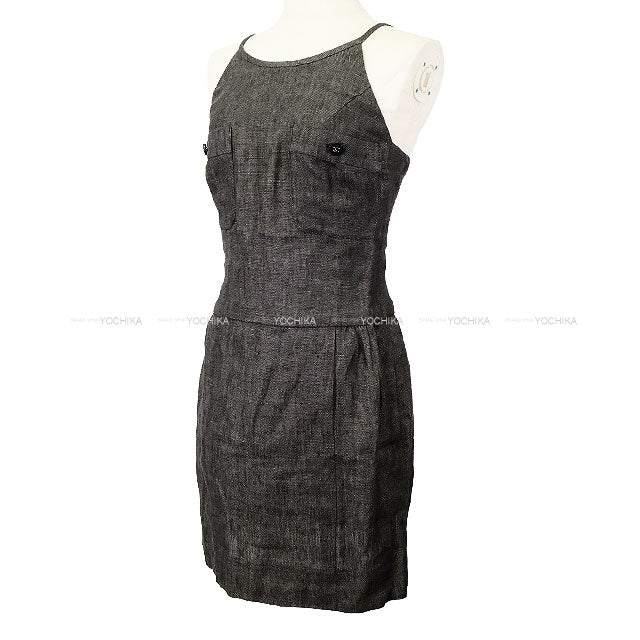 [Pre-loved] CHANEL One‐piece dress Sleeveless COCO Mark Button Pocket Camisole Grey Linen #36 P07000[USED SA][Authentic]