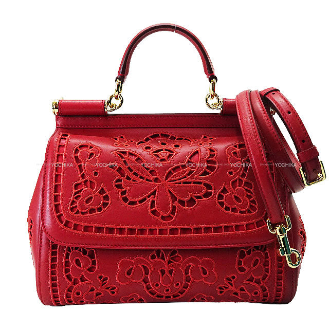 DOLCE&GABBANA Handbag Sicily Large Embroidery Rouge Red Lambskin/Polyester/Calf Gold HW[EXCELLENT][Authentic]