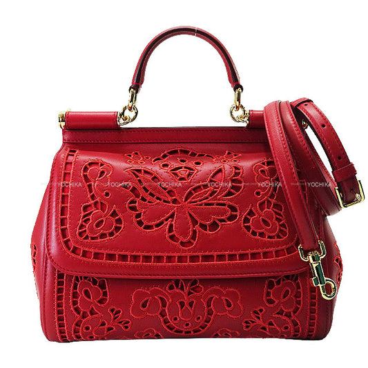DOLCE&GABBANA Handbag Sicily Large Embroidery Rouge Red Lambskin/Polyester/Calf Gold HW[EXCELLENT][Authentic]