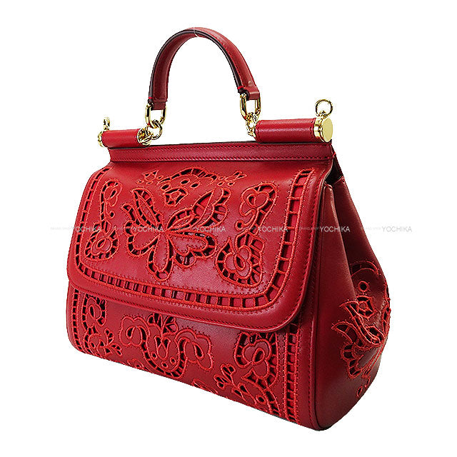DOLCE&GABBANA Handbag Sicily Large Embroidery Rouge Red Lambskin/Polyester/Calf Gold HW[EXCELLENT][Authentic]