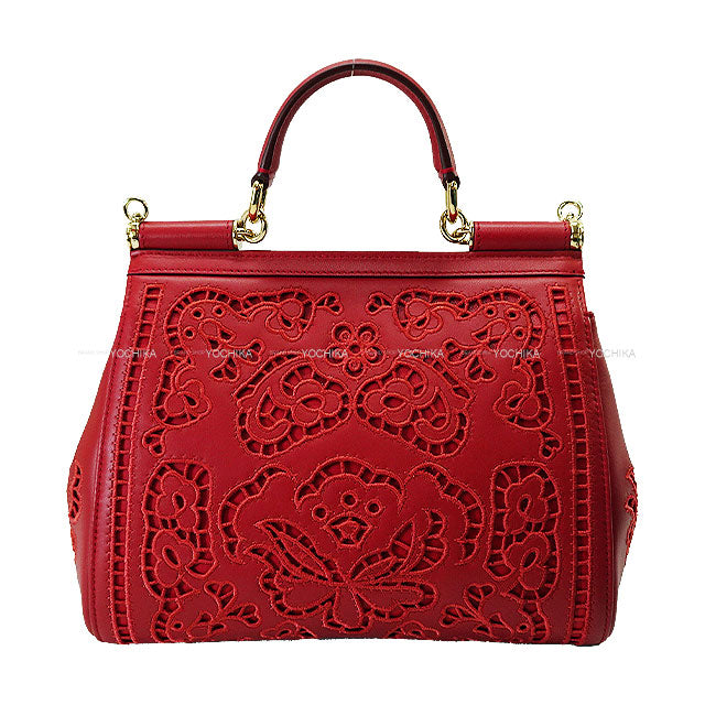 DOLCE&GABBANA Handbag Sicily Large Embroidery Rouge Red Lambskin/Polyester/Calf Gold HW[EXCELLENT][Authentic]