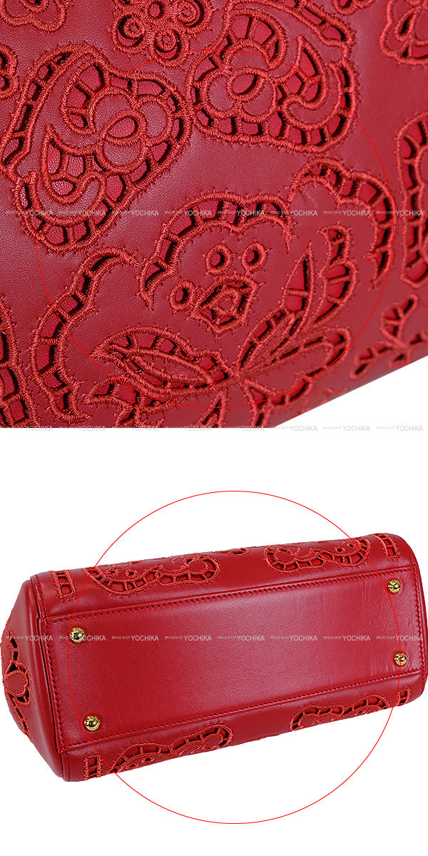 DOLCE&GABBANA Handbag Sicily Large Embroidery Rouge Red Lambskin/Polyester/Calf Gold HW[EXCELLENT][Authentic]