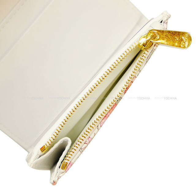 Dior Tri-fold wallet Caro Hibiscus Reship Compact Multicolor/Blanc (White) Flower Print/Calfskin Silver HW[EXCELLENT][Authentic]