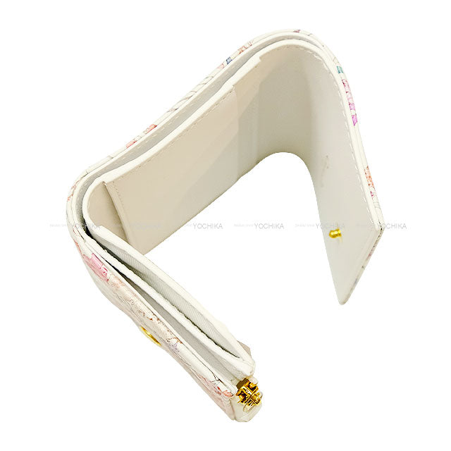 Dior Tri-fold wallet Caro Hibiscus Reship Compact Multicolor/Blanc (White) Flower Print/Calfskin Silver HW[EXCELLENT][Authentic]