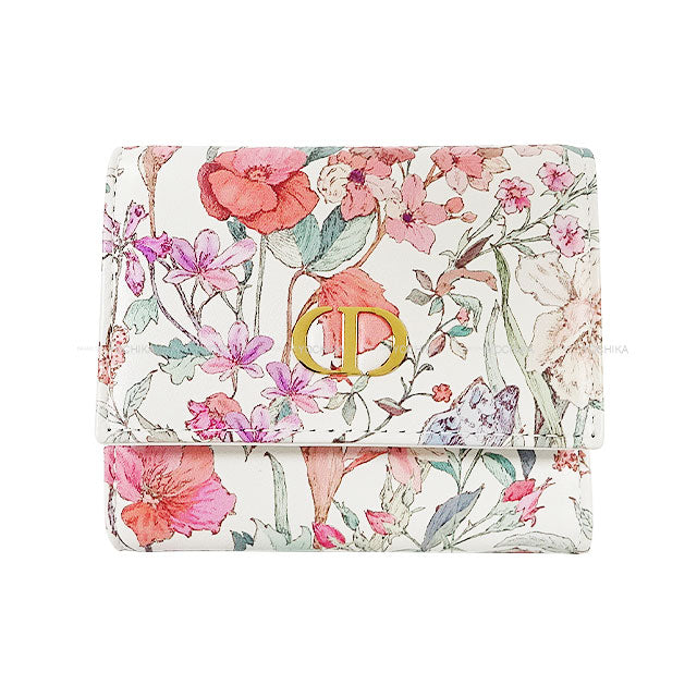 Dior Tri-fold wallet Caro Hibiscus Reship Compact Multicolor/Blanc (White) Flower Print/Calfskin Silver HW[EXCELLENT][Authentic]
