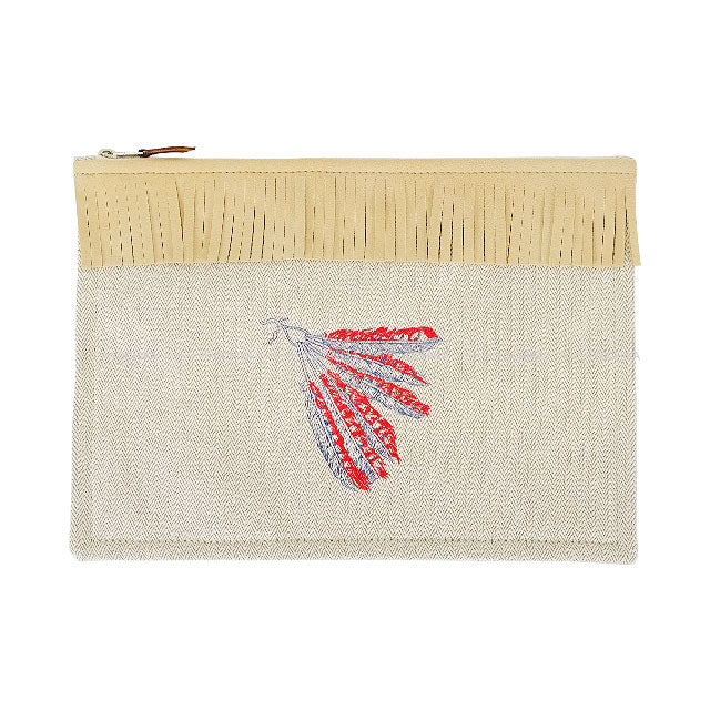 HERMES Pouch Poche Truth Tipi Fringe Beige Toile/Leather Silver HW[EXCELLENT][Authentic]