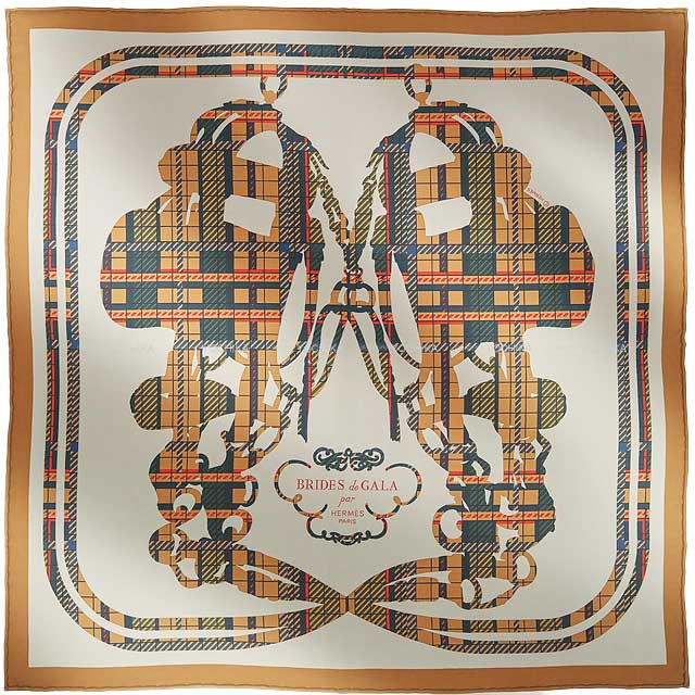 2023 S/S HERMES scarf Carre45 Brides de Gala tartan Baige d'ore / Craie / Vert loden[EXCELLENT][Authentic]