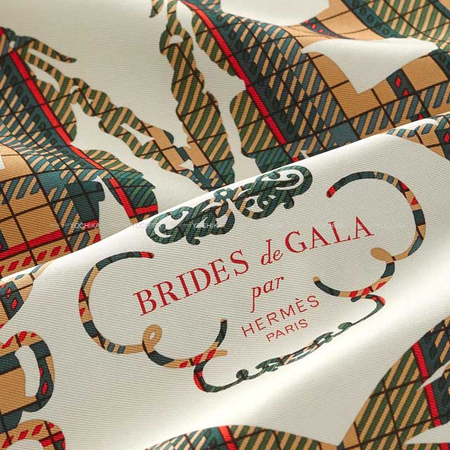 2023 S/S HERMES scarf Carre45 Brides de Gala tartan Baige d'ore / Craie / Vert loden[EXCELLENT][Authentic]