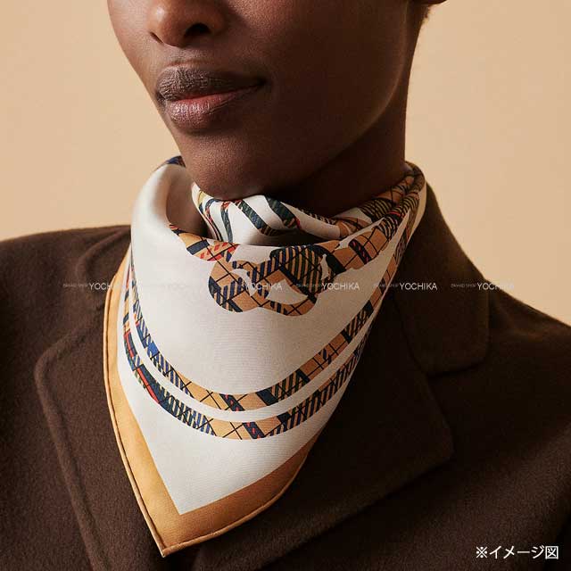2023 S/S HERMES scarf Carre45 Brides de Gala tartan Baige d'ore / Craie / Vert loden[EXCELLENT][Authentic]