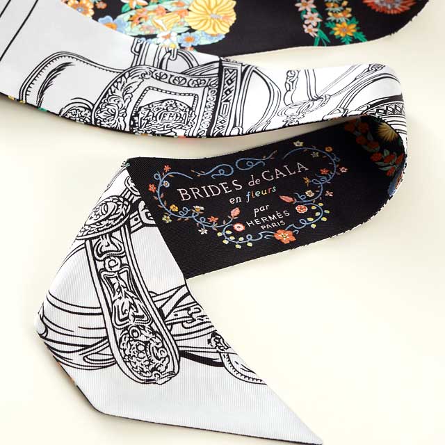 2025SS HERMES scarf Twilly Brides de Gala en Fleurs Noir (Black)/Blanc (White)/Multicolor Silk100%[BRAND NEW][Authentic]