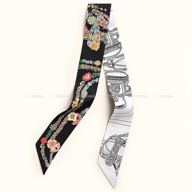 2025SS HERMES scarf Twilly Brides de Gala en Fleurs Noir (Black)/Blanc (White)/Multicolor Silk100%[BRAND NEW][Authentic]
