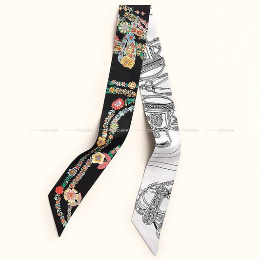 2025SS HERMES scarf Twilly Brides de Gala en Fleurs Noir (Black)/Blanc (White)/Multicolor Silk100%[BRAND NEW][Authentic]