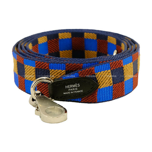 HERMES shoulder strap Bandouliere 25mm 105cm Maxi Quadrille Biscuit/Rouge H/Bleu Billard Silver HW Stamp W[EXCELLENT][Authentic]