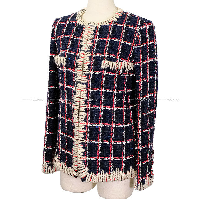 [Pre-loved] CHANEL Plainly colored jacket chain COCO button tweed window checkNavy/Red/Blue Wool/Cotton 34 P62413[LIKE NEW][Authentic]