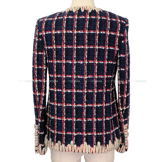 [Pre-loved] CHANEL Plainly colored jacket chain COCO button tweed window checkNavy/Red/Blue Wool/Cotton 34 P62413[LIKE NEW][Authentic]