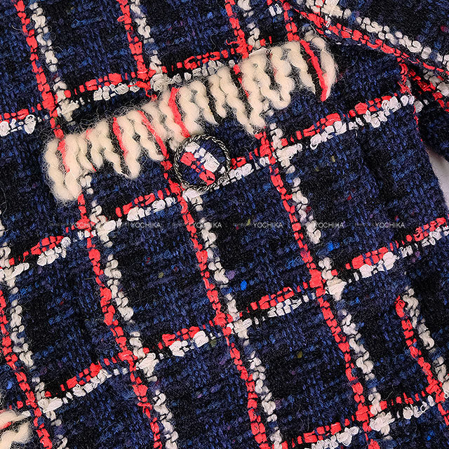 [Pre-loved] CHANEL Plainly colored jacket chain COCO button tweed window checkNavy/Red/Blue Wool/Cotton 34 P62413[LIKE NEW][Authentic]