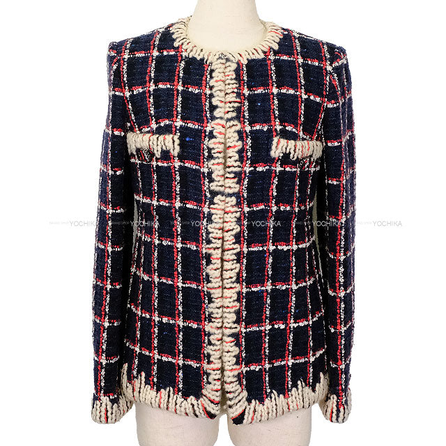 [Pre-loved] CHANEL Plainly colored jacket chain COCO button tweed window checkNavy/Red/Blue Wool/Cotton 34 P62413[LIKE NEW][Authentic]