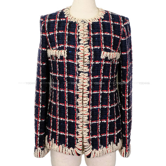 [Pre-loved] CHANEL Plainly colored jacket chain COCO button tweed window checkNavy/Red/Blue Wool/Cotton 34 P62413[LIKE NEW][Authentic]
