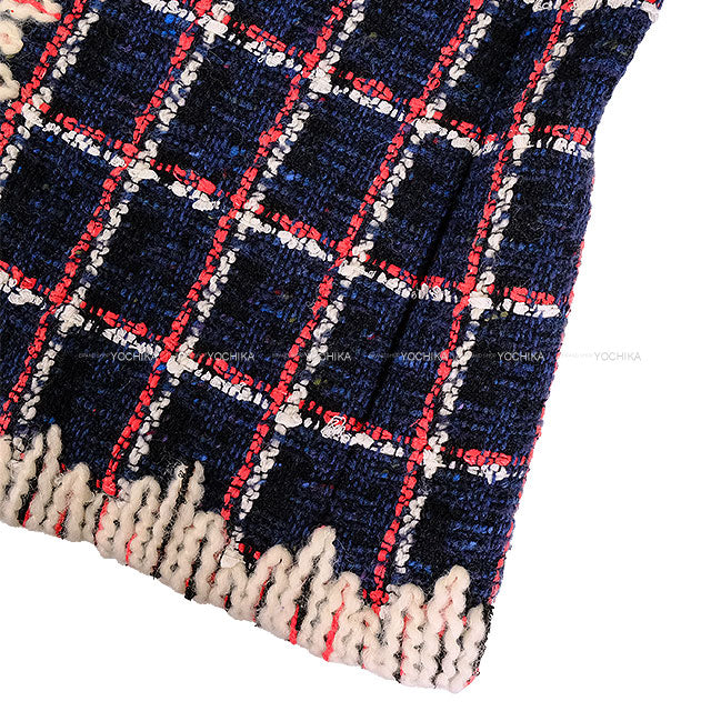 [Pre-loved] CHANEL Plainly colored jacket chain COCO button tweed window checkNavy/Red/Blue Wool/Cotton 34 P62413[LIKE NEW][Authentic]