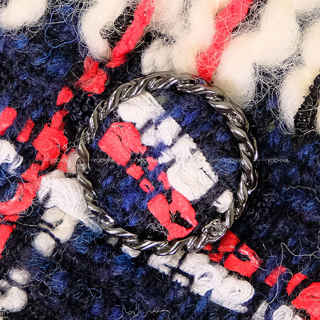 [Pre-loved] CHANEL Plainly colored jacket chain COCO button tweed window check Navy/Red/Blue Wool/Cotton 34 P62413[LIKE NEW][Authentic]