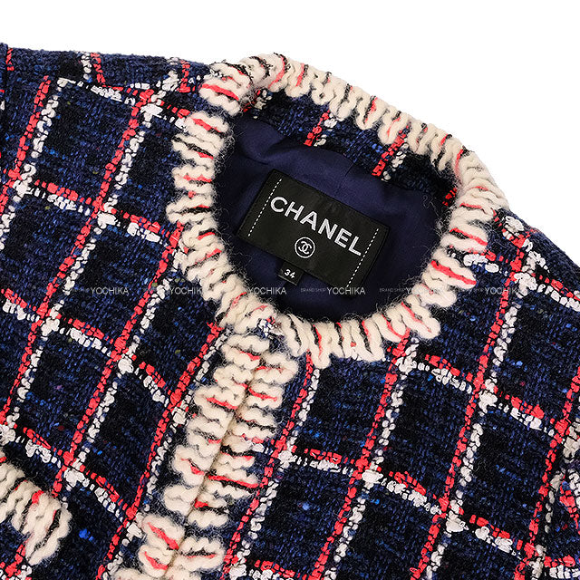 [Pre-loved] CHANEL Plainly colored jacket chain COCO button tweed window checkNavy/Red/Blue Wool/Cotton 34 P62413[LIKE NEW][Authentic]