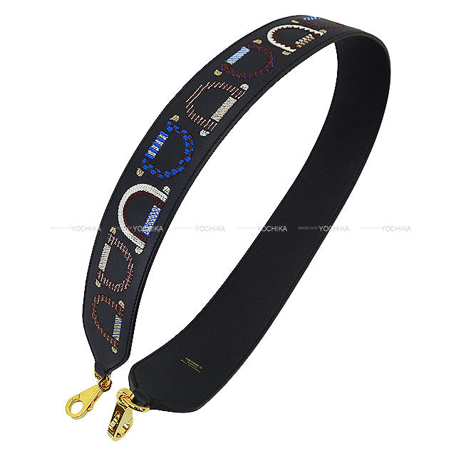 [Pre-loved] HERMES shoulder strap Bandouliere 50mm 85cm Leather Embroidery Mall Blue Indigo/Bleu Saphir Veau Swift Gold HW Stamp B[LIKE NEW][Authentic]