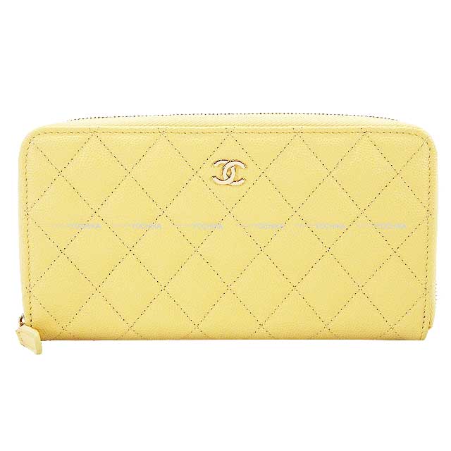 CHANEL long wallet Matelasse COCO Mark Back Pocket Round Zipper Yellow Graind Calf(Caviarskin) Champagne Gold HW AP0242[EXCELLENT][Authentic]