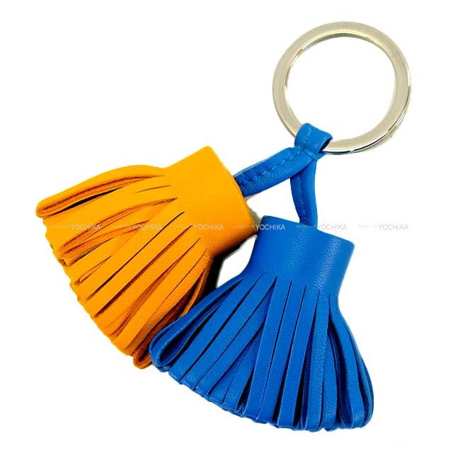 HERMES key ring Carmen Unodos Bleu Zanzibar/Jaune d'Or Agneau Milo Silver HW[EXCELLENT][Authentic]