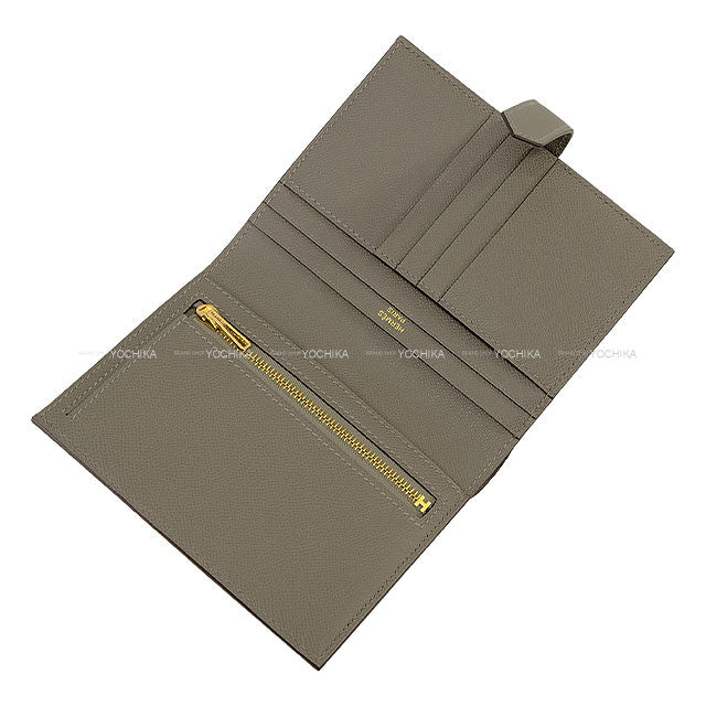 HERMES Bi-fold wallet Bearn Compact Gris Meyer Veau Madame Gold HW Stamp K[BRAND NEW][Authentic]