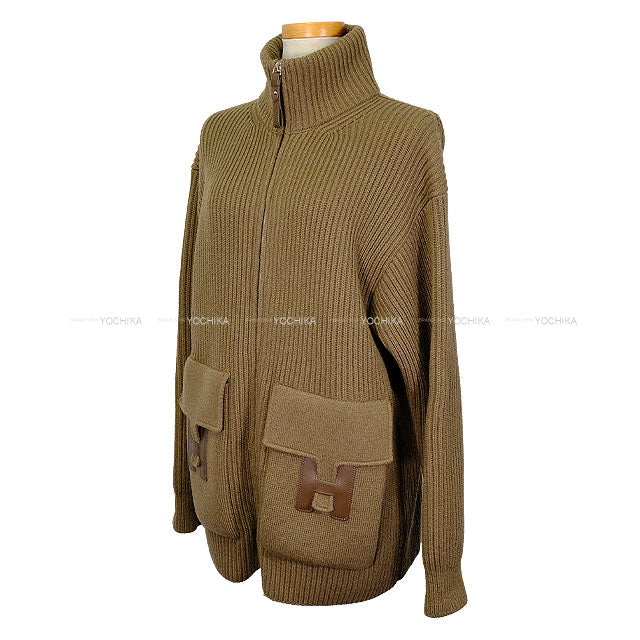 [Pre-loved] HERMES Blouson Knit H Logo Pocket Zip up Brown Wool #38[LIKE NEW][Authentic]