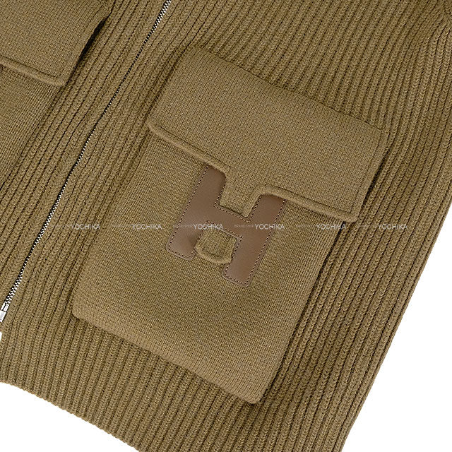 [Pre-loved] HERMES Blouson Knit H Logo Pocket Zip up Brown Wool #38[LIKE NEW][Authentic]