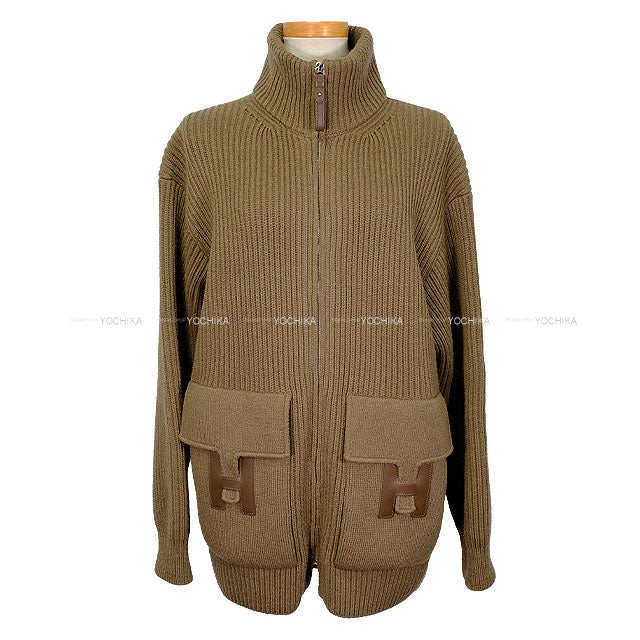 [Pre-loved] HERMES Blouson Knit H Logo Pocket Zip up Brown Wool #38[LIKE NEW][Authentic]