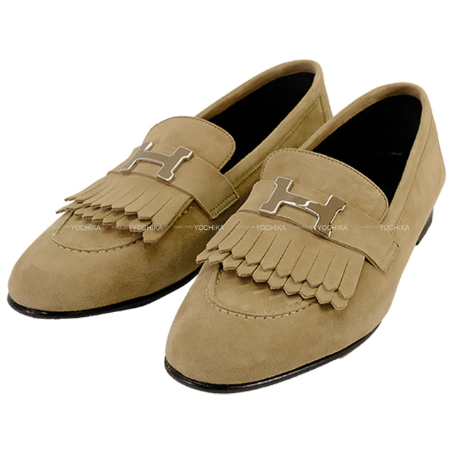 [Pre-loved] HERMES Moccasins Moccasin Royale Fringe Beige Albatross Calf ＃38.5 Silver HW[LIKE NEW][Authentic]