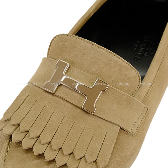 [Pre-loved] HERMES Moccasins Moccasin Royale Fringe Beige Albatross Calf ＃38.5 Silver HW[LIKE NEW][Authentic]