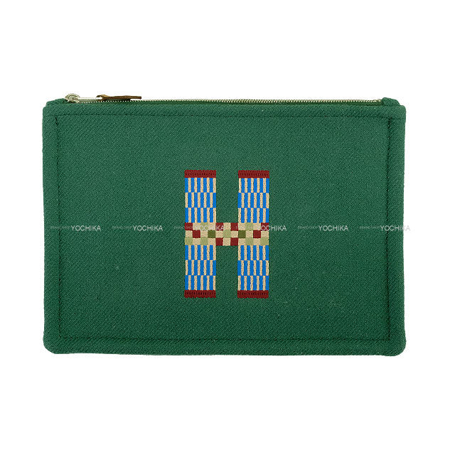 [Pre-loved] HERMES Pouch Flat Pouch PM H Natte Saddle green Wool twill/Toile Chevrons[LIKE NEW][Authentic]