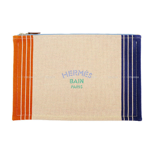 HERMES Pouch Yachting flat pouch GM in Maillon marine print Marine/Brique(36)/Aqua(79) Toile H[EXCELLENT][Authentic]