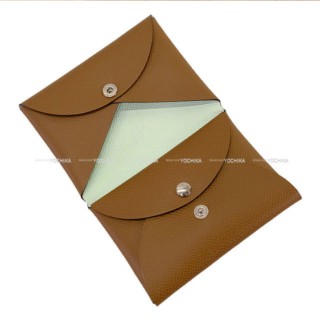 HERMES card holder Calvi Duo Verso Alezan/Vert Peppermint Veau Epsom Silver HW Stamp K[BRAND NEW][Authentic]