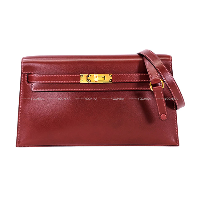 HERMES Clutch bag Kelly Elan Rouge H Box Calf Gold HW Stamp W[EXCELLENT][Authentic]