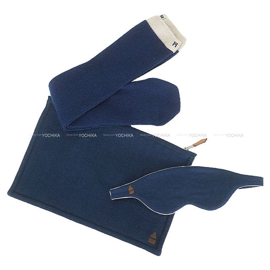 HERMES Travel Pouch Traveler 3-Piece Set Pouch Socks Eye Mask Indigo Blue Cashmere[EXCELLENT][Authentic]