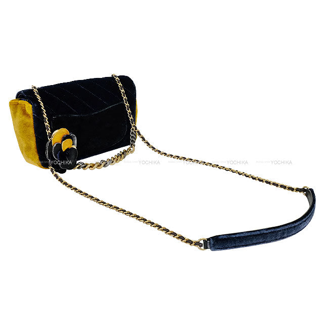 [Pre-loved] CHANEL Shoulder bag Camellia Chain Matelasse COCO Mark Pouch Navy/Yellow Velour Mat Gold HW[LIKE NEW][Authentic]