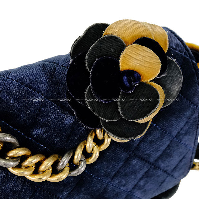 [Pre-loved] CHANEL Shoulder bag Camellia Chain Matelasse COCO Mark Pouch Navy/Yellow Velour Mat Gold HW[LIKE NEW][Authentic]
