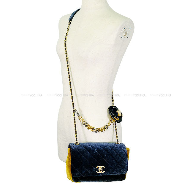[Pre-loved] CHANEL Shoulder bag Camellia Chain Matelasse COCO Mark Pouch Navy/Yellow Velour Mat Gold HW[LIKE NEW][Authentic]
