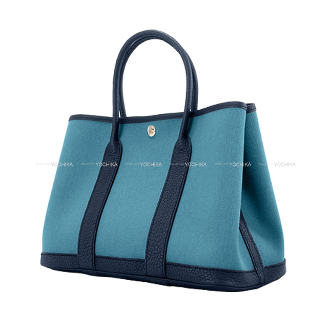 HERMES tote bag Garden Party 30 TPM Bleu Jean/Blue Indigo Toile Militaire/Veau Negonda Silver HW Stamp B[ALMOST NEW][Authentic]