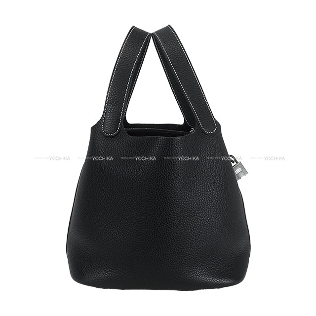 [Pre-loved] HERMES Handbag Picotin Lock 22 MM White Stitch Noir (Black) Taurillon Clemence Silver HW Stamp U[LIKE NEW][Authentic]