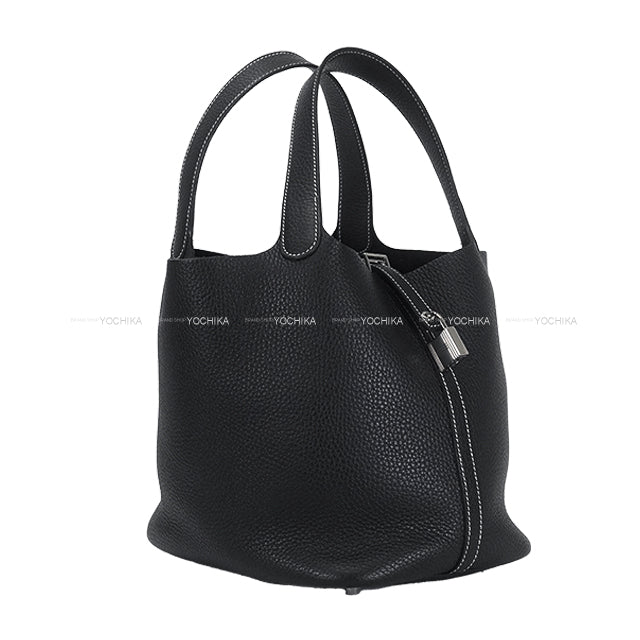 [Pre-loved] HERMES Handbag Picotin Lock 22 MM White Stitch Noir (Black) Taurillon Clemence Silver HW Stamp U[LIKE NEW][Authentic]