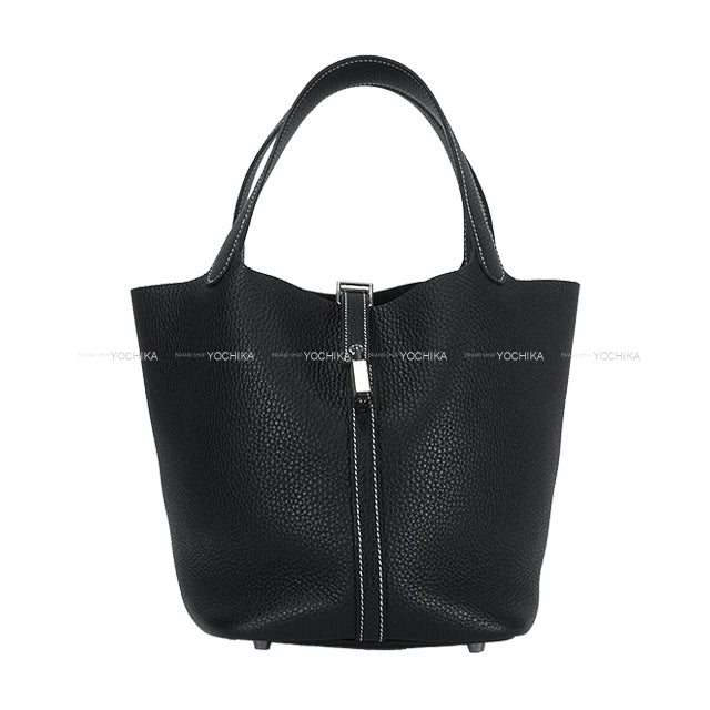 [Pre-loved] HERMES Handbag Picotin Lock 22 MM White Stitch Noir (Black) Taurillon Clemence Silver HW Stamp U[LIKE NEW][Authentic]